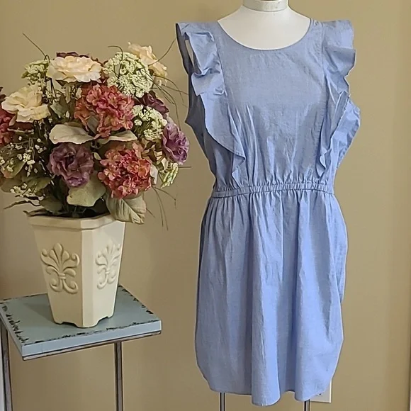 NEW Sleeveless Dress Denim Cotton Blue Penifore Style Ruffle Elastic Waist XL - Picture 1 of 6